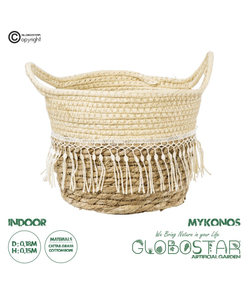 GloboStar® Artificial Garden MYKONOS 20278 Διακοσμητικό Πλεκτό Καλάθι - Κασπώ Γλάστρα - Flower Pot Μπεζ με Μακραμέ Φ18cm x Υ15cm